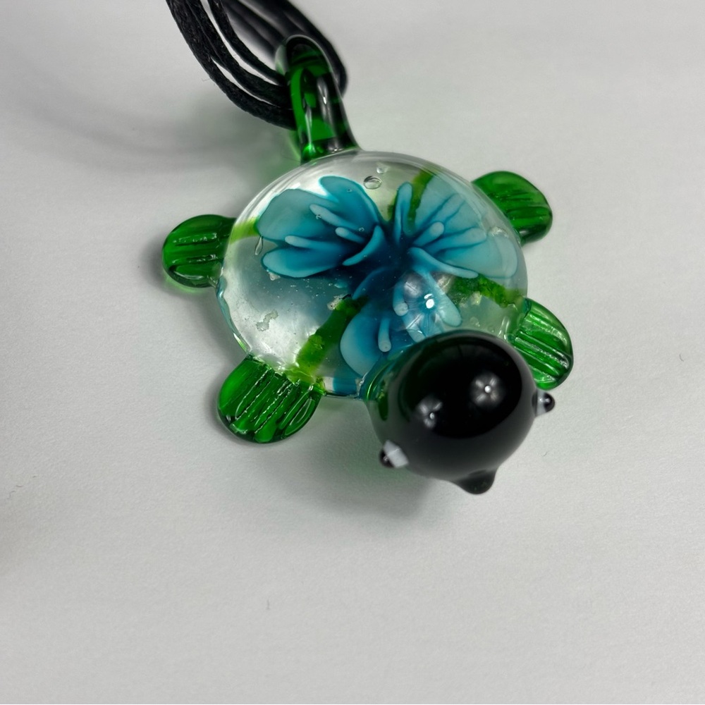 Floral Turtle Glass Pendant Necklace Green Blue Cute Turtle Fun Gift Colorful